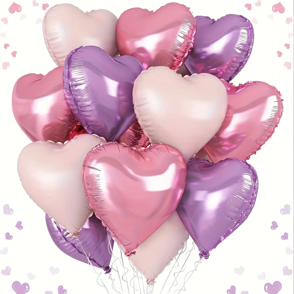 12pcs Pastel Pink Purple Heart Balloons 18 Inch Heart-Shaped Aluminum Foil Balloons Birthday Party Valentine’s Day Decoration