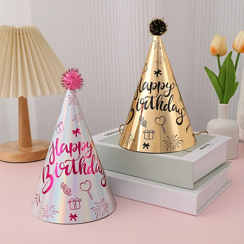 10pcs Birthday Party Hats Rose Red Gold Hairball Hats Festival Party Supplies Happy Birthday Headwear Cartoon Printed Paper Hat