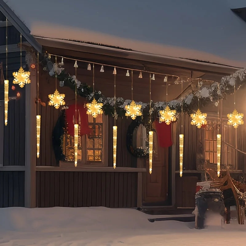 LED Christmas Icicle Snowflake Curtain Lights Indoor & Outdoor, USB Supply + Remote Control, 8 Light Modes, Easy Plug-and-Play
