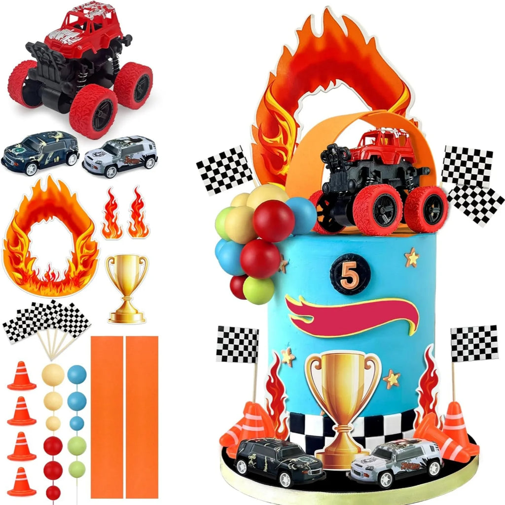 Race Car Cake Toppers Truck Cake Decorations Red Blue Yellow Green Balls for Truck Themed Racing Car Party Decorations Supplies