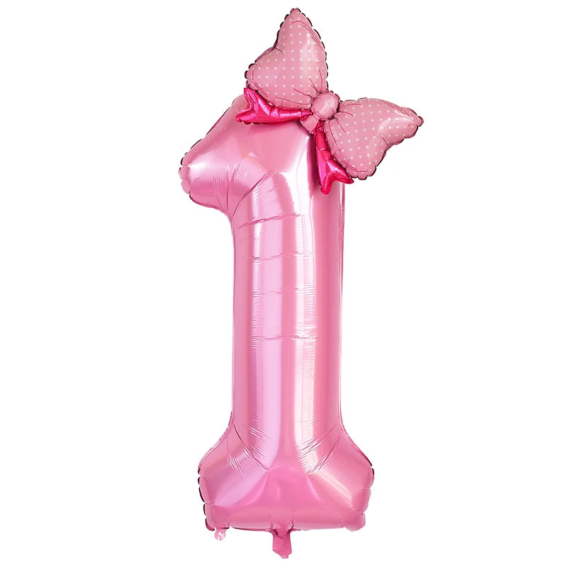 1Pc Large 40inch Number Pink Foil Balloon With Bow 1 2 3 4 5 6 7 8 9 For Kid Boys Girls Birthday Party Baby Shower Decorations