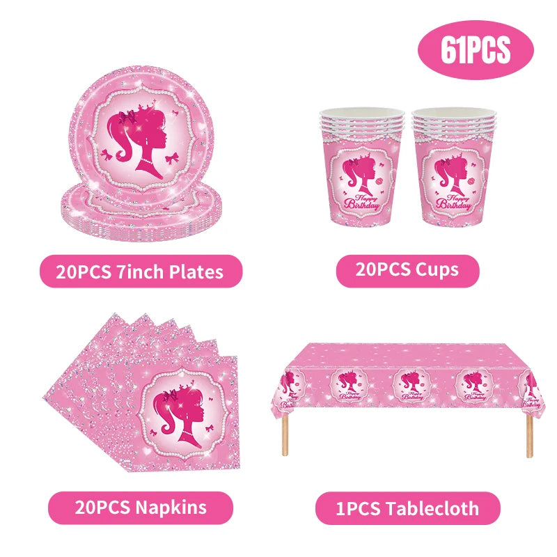 New Princess Birthday Party Decoration Tableware Pink Princess Theme Plates Cups Napkins Ballon Girl Birthday Party Supplies kit