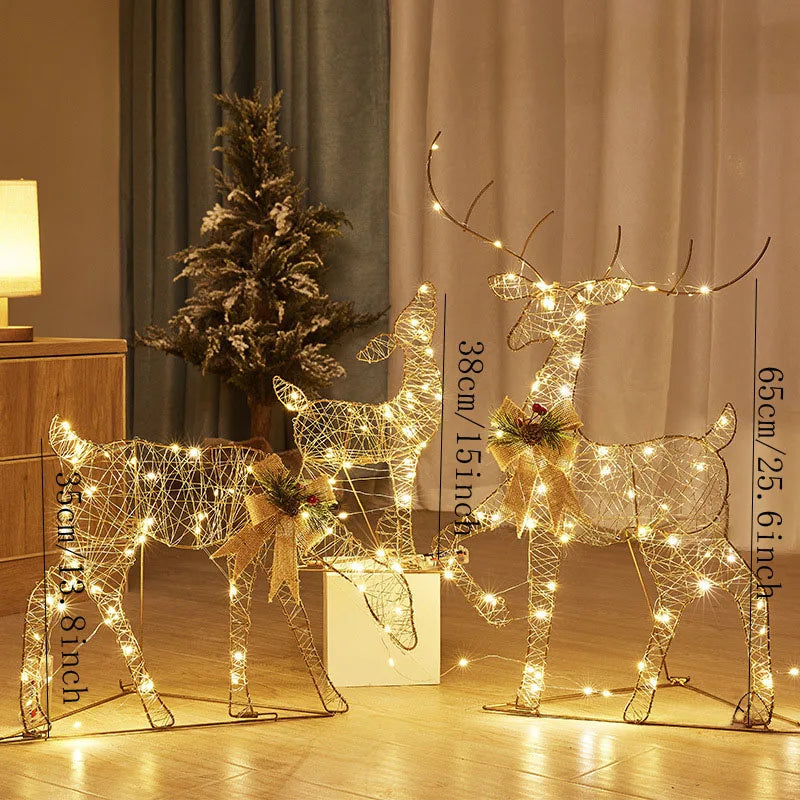 3 PCS Garden Lights String 2D Metal Iron Reindeer Outdoor Christmas Eve Decorations For Courtyard Holiday Indoor Home Decor