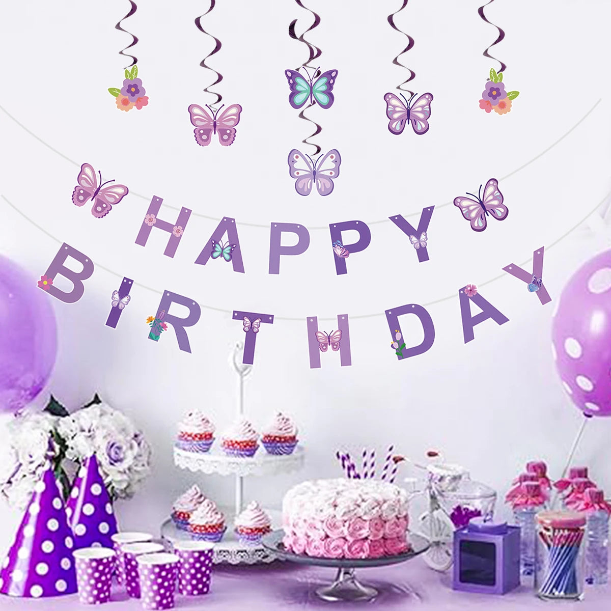 Pink Happy Birthday Banner With Butterfly Dancing Hanging Pendant Garlands  Princess 1st Happy Birthday Party Decorations