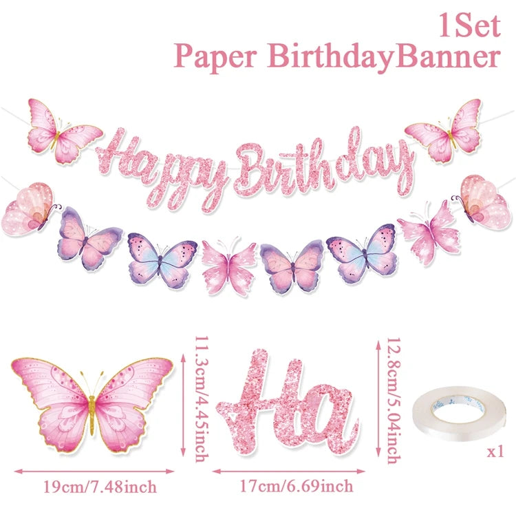 Pink Happy Birthday Banner With Butterfly Dancing Hanging Pendant Garlands  Princess 1st Happy Birthday Party Decorations