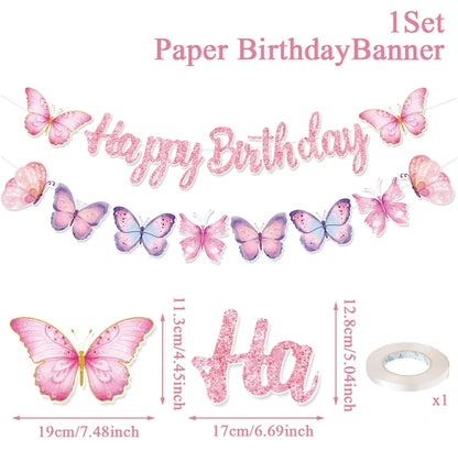 Pink Happy Birthday Banner With Butterflies