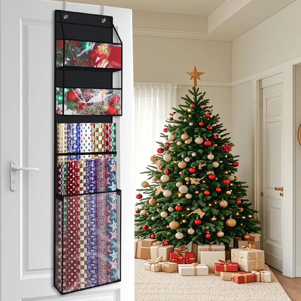 Christmas Gift Wrapping Paper Organizer, Holiday Decorations Storage Bag, Wall-mounted Various Festivals Storage Xmas Clearan