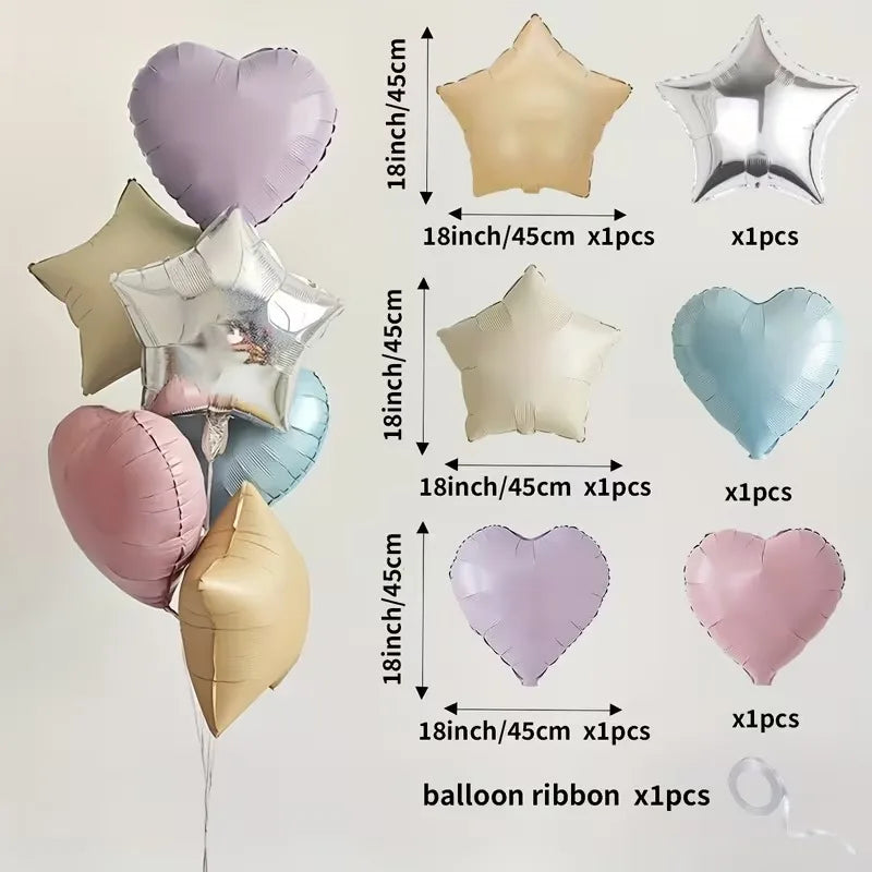 7Pcs 18" Cream Pink Heart Star Foil Balloons with Ribbon for Wedding, Birthday & Party Decor