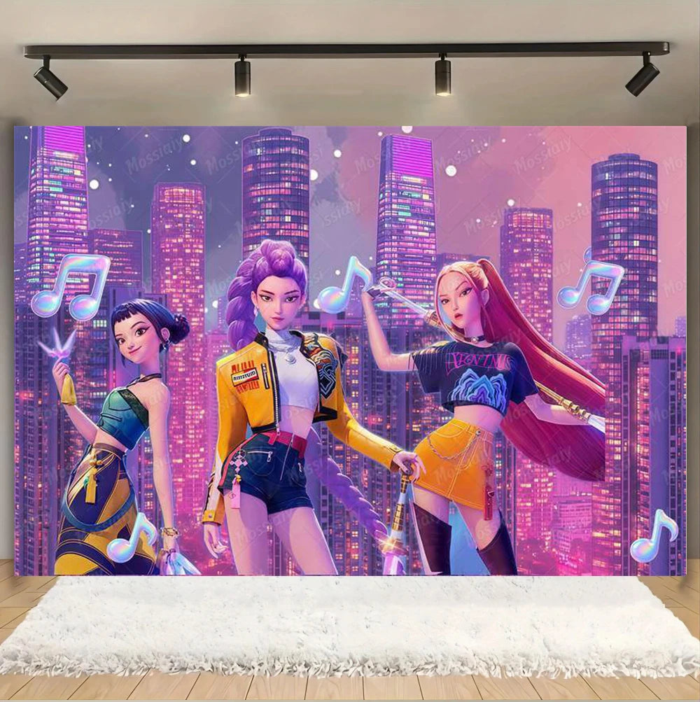 Kpop Theme Girl's Birthday Party Decoration Backdrop Pink Demons Kids Birthday Party Supplies Decor Banner Background Photo Prop