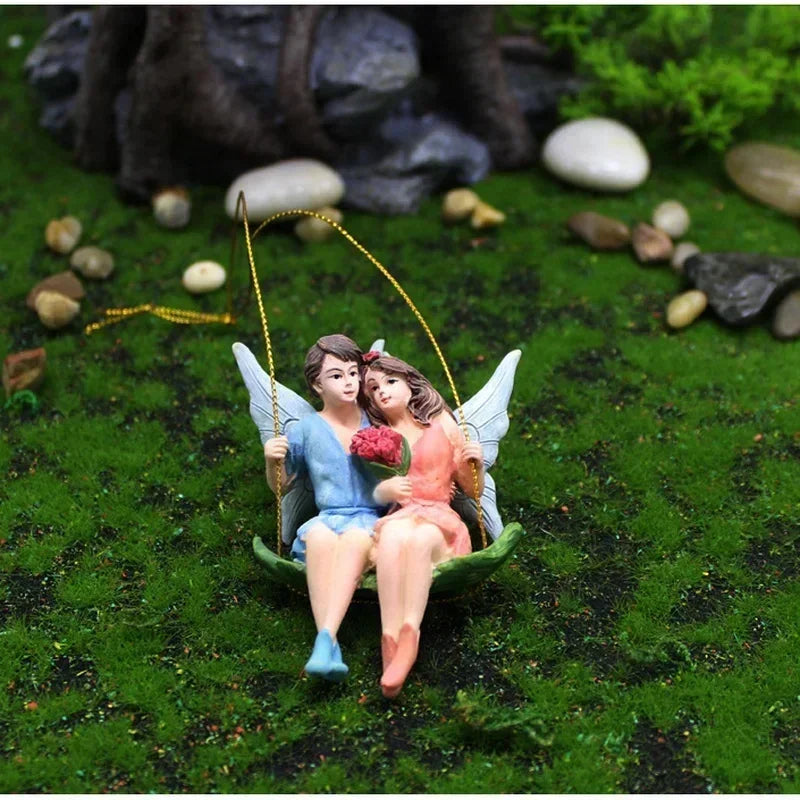Romantic Couple Swing Flower Statue Fairy Garden Micro Landscape Home Decoration Pendant Resin Craft Creative Scene Decoration