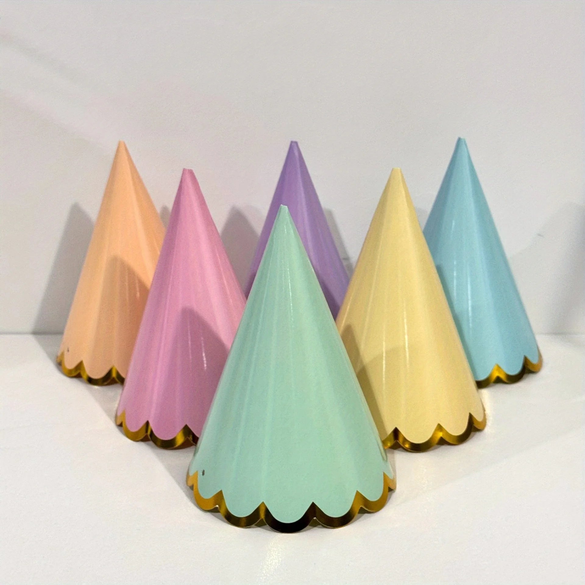 6pcs Elegant Themed Party Hats with Golden Ruffled Edges - Pastel Colors, Perfect for Weddings, Birthdays, Bridal Showers & More