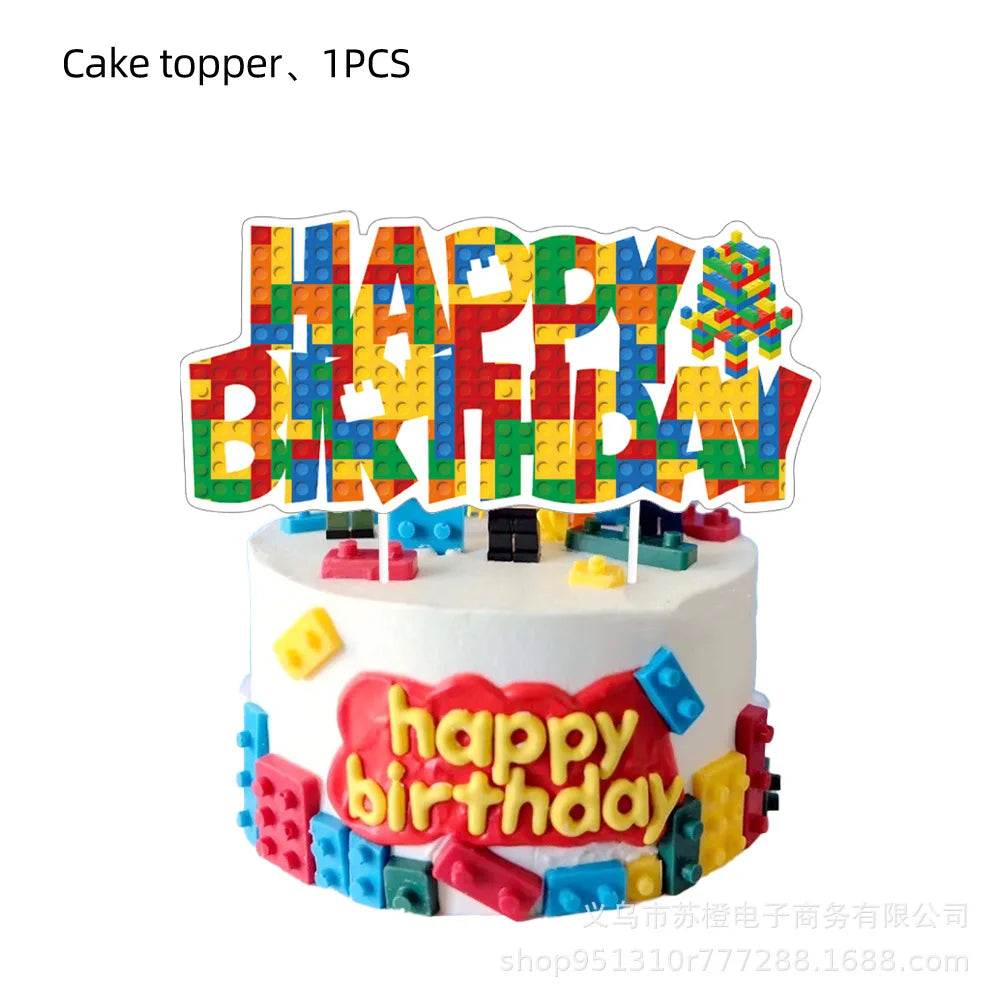 Kids Building Blocks Birthday Party Decoration Colorful Building Block Theme Party Supplies Kit Plates Cups Napkins Straw Ballon