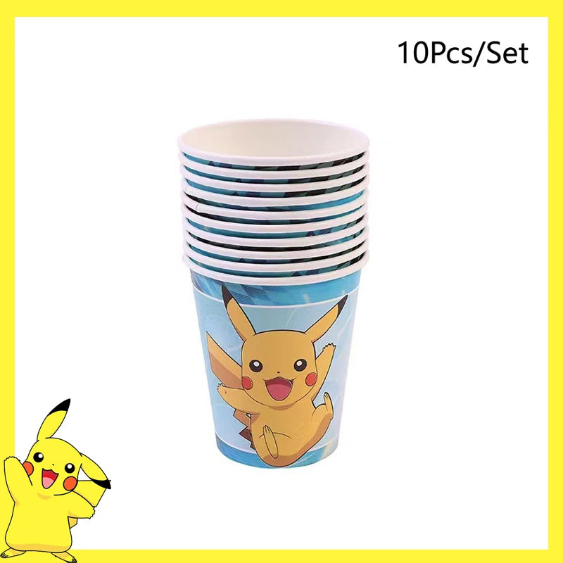 Pokemon Birthday Party Decoration Pikachu Disposable Tableware Cup Napkin Plate Tablecloth Baby Shower Cake Topper Flag Balloons