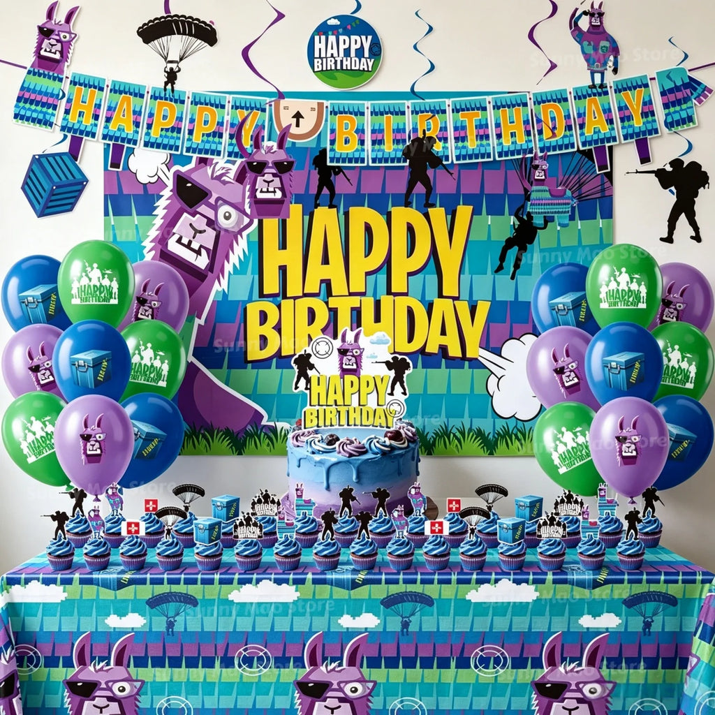Fortnite Birthday Party Decoration Set for Boys Balloons Banner Cake Topper Tablecloth Backdrop Baby Shower Cartoon Alpaca Decor