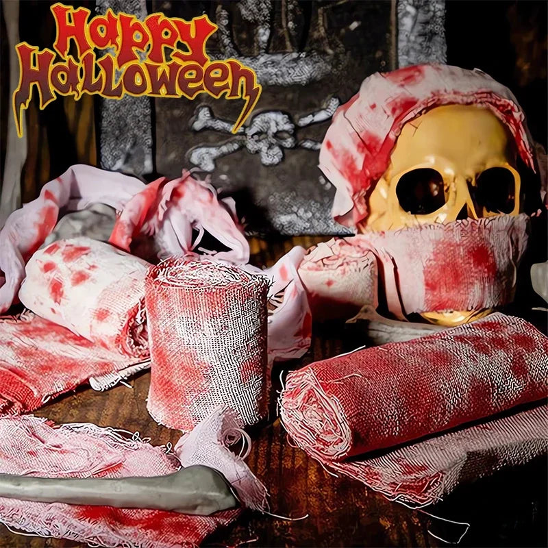Halloween Bloody Crime Scene Tape Fake Blood Stained Gauze & Barrier Tape for Haunted House Decor