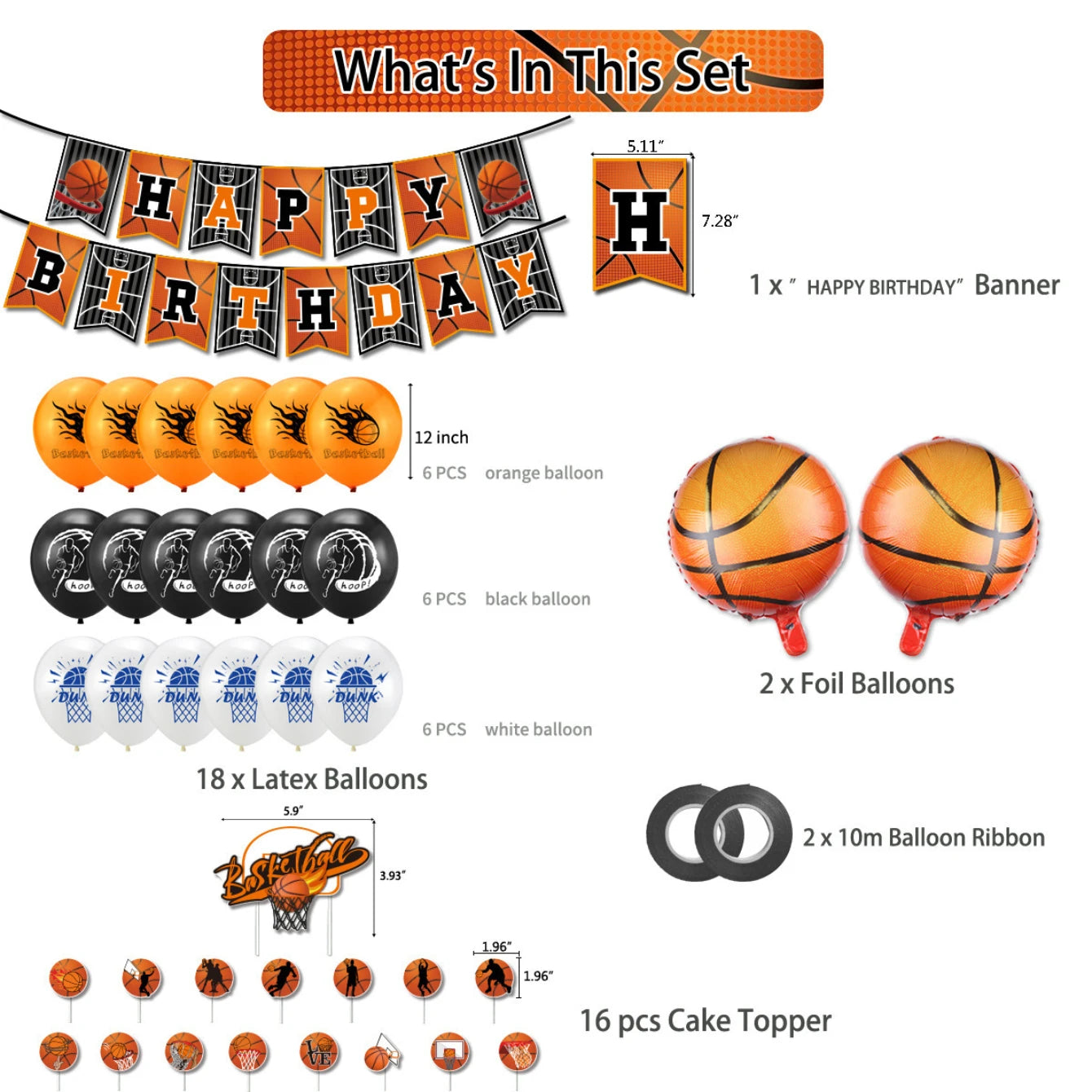 Basketball Theme Birthday Party Decorations Set Banner Balloons Cake Toppers Ribbons for Kids Boys Sports Party Supplies