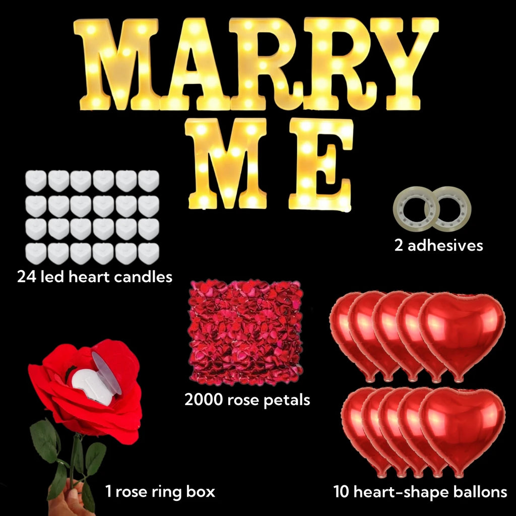 Proposal Decorations Kit Marry Me Light Up Letters 2000 Rose Petals 24 Flameless Candles for Valentine Day Proposal  Engagement