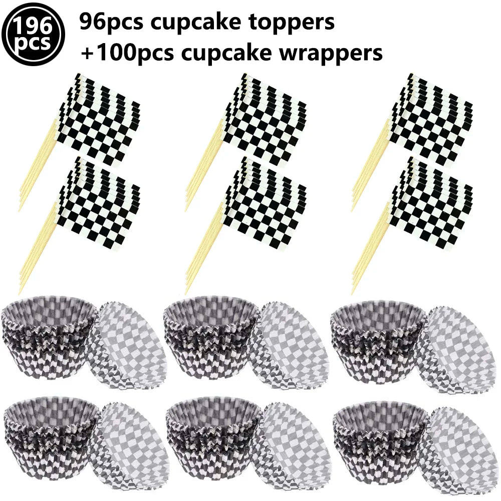 Racing Car Theme Party Decoration Checkered Paper Cups Cake Toppers For Race Theme Party Decor Car Theme Birthday Party Supplies