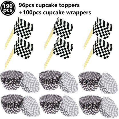 Racing Car Theme Party Decoration Checkered Paper Cups Cake Toppers For Race Theme Party Decor Car Theme Birthday Party Supplies