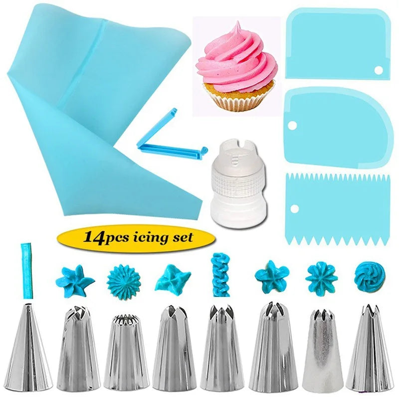 14pcs Cake Decorating Kit Piping Tips Silicone Pastry Icing Bags Nozzles Cream Scrapers Coupler Set DIY Cake Decorating Tools