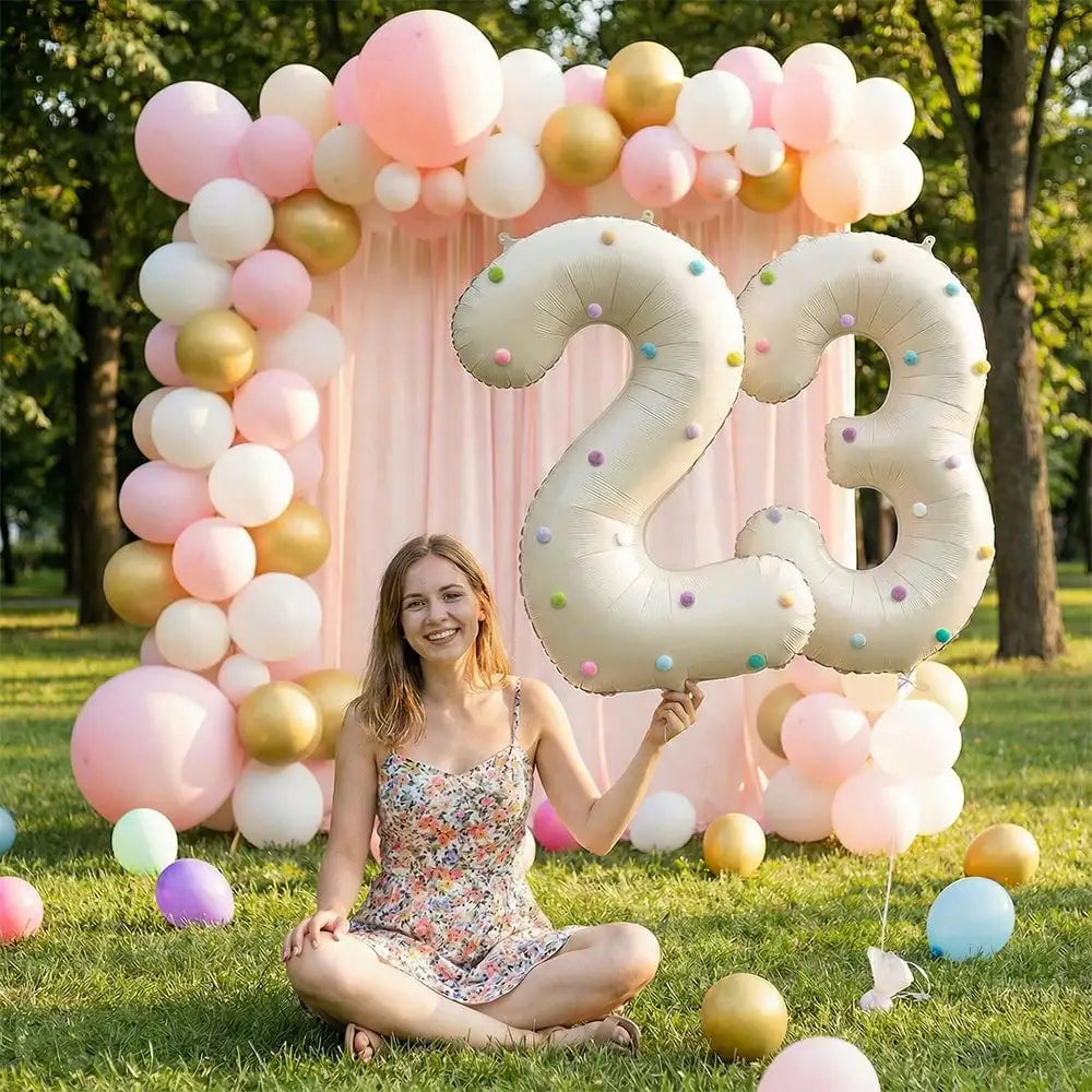 32 Inch Aluminum Foil Balloons, Milky White Numbers 0-9 for Birthday Party Decoration, 20 Plush Balls for Celebrating Birthdays