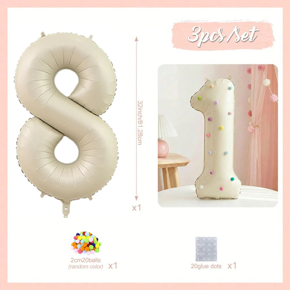 32 Inch Aluminum Foil Balloons, Milky White Numbers 0-9 for Birthday Party Decoration, 20 Plush Balls for Celebrating Birthdays