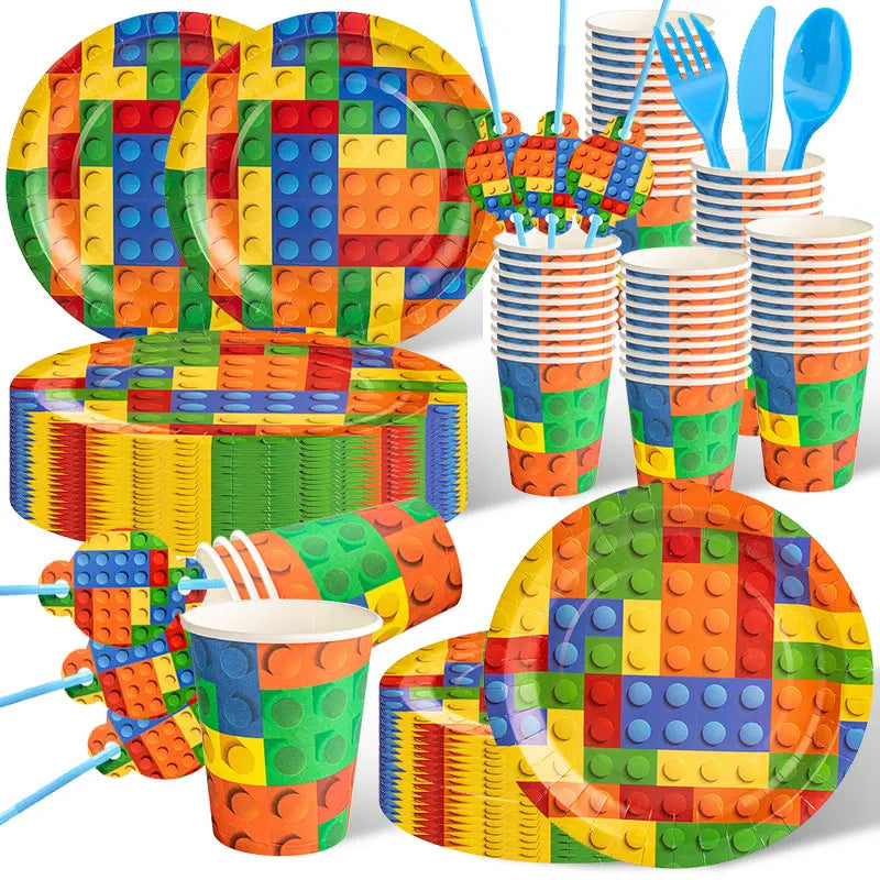 Kids Building Blocks Birthday Party Decoration Colorful Building Block Theme Party Supplies Kit Plates Cups Napkins Straw Ballon