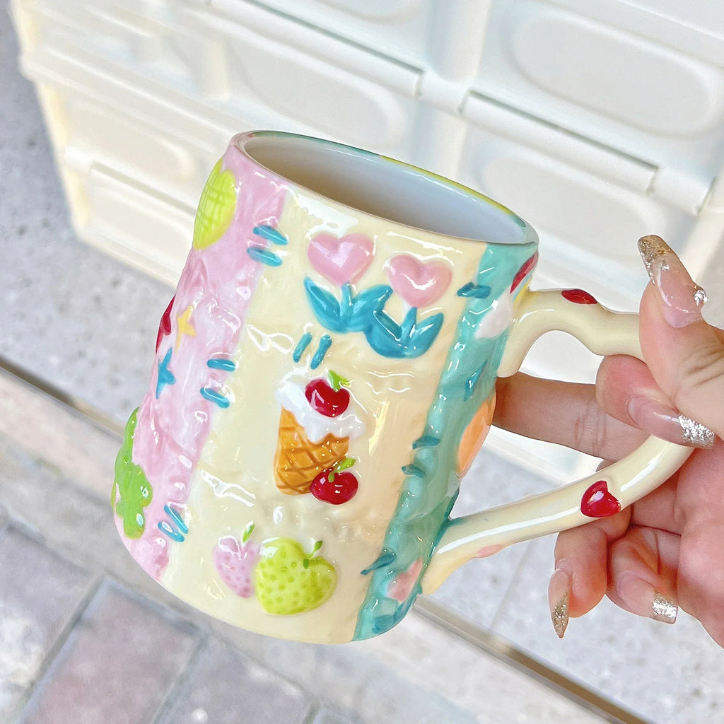 500 ML Large Capacity Coffee Mug Household High Beauty Cute Ceramic Breakfast Milk Cup Creative Relief Water Cups Birthday Gift