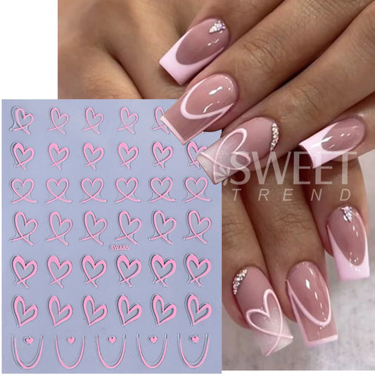 3pcs Valentine's Day Nail Art Stickers 3D Black White Pink Lines Love Heart Nail Decals DIY Adhesive Slider Manicure Decorations