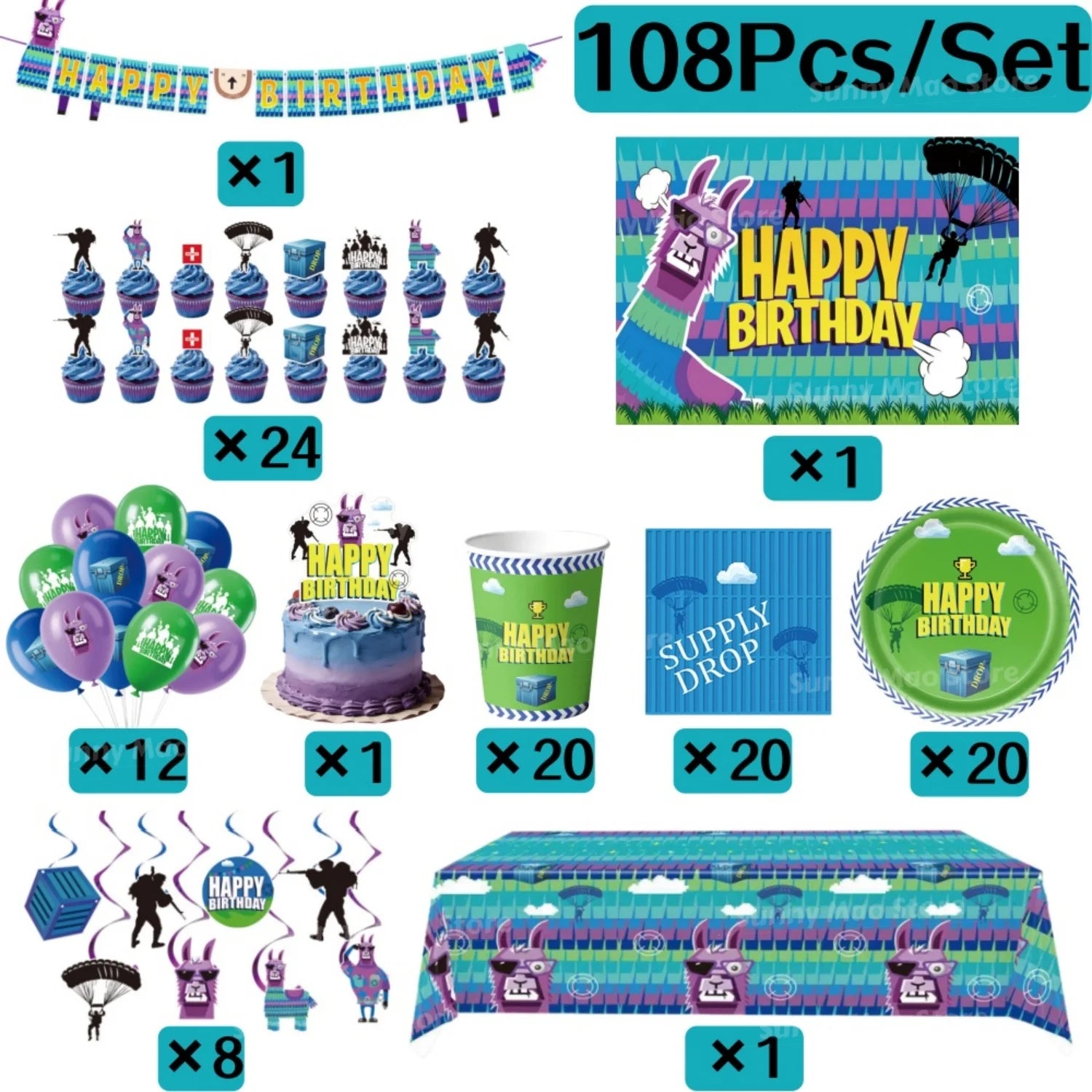 Fortnite Birthday Party Decoration Set for Boys Balloons Banner Cake Topper Tablecloth Backdrop Baby Shower Cartoon Alpaca Decor