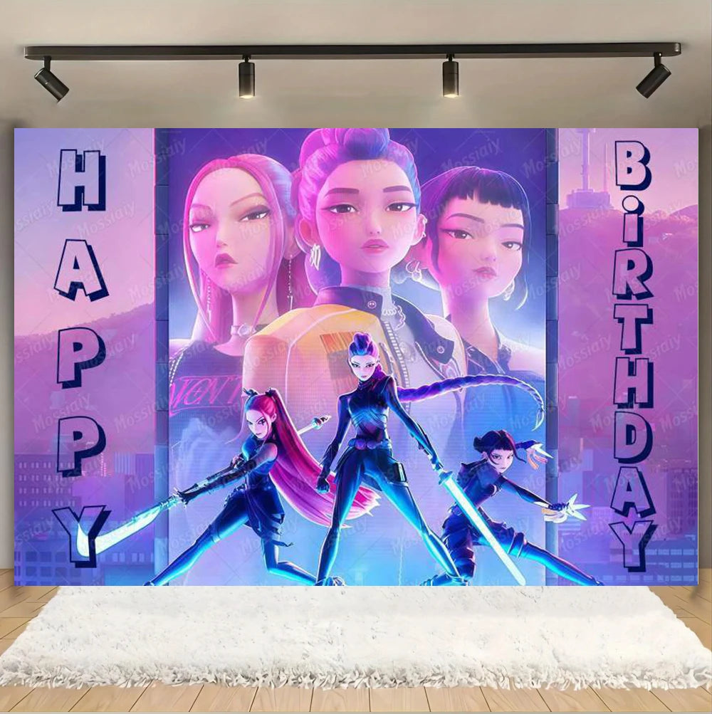 Kpop Theme Girl's Birthday Party Decoration Backdrop Pink Demons Kids Birthday Party Supplies Decor Banner Background Photo Prop