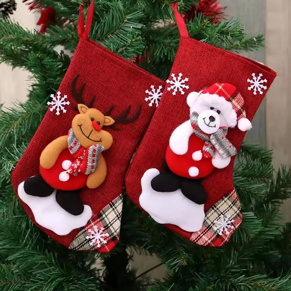 4 Christmas Stockings Socks Santa Snowman Hanging Xmas Tree Ornaments Christmas Decor for Home New Year Navidad Candy Gift Bags