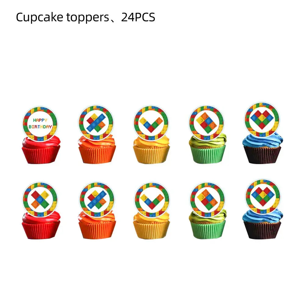 Kids Building Blocks Birthday Party Decoration Colorful Building Block Theme Party Supplies Kit Plates Cups Napkins Straw Ballon