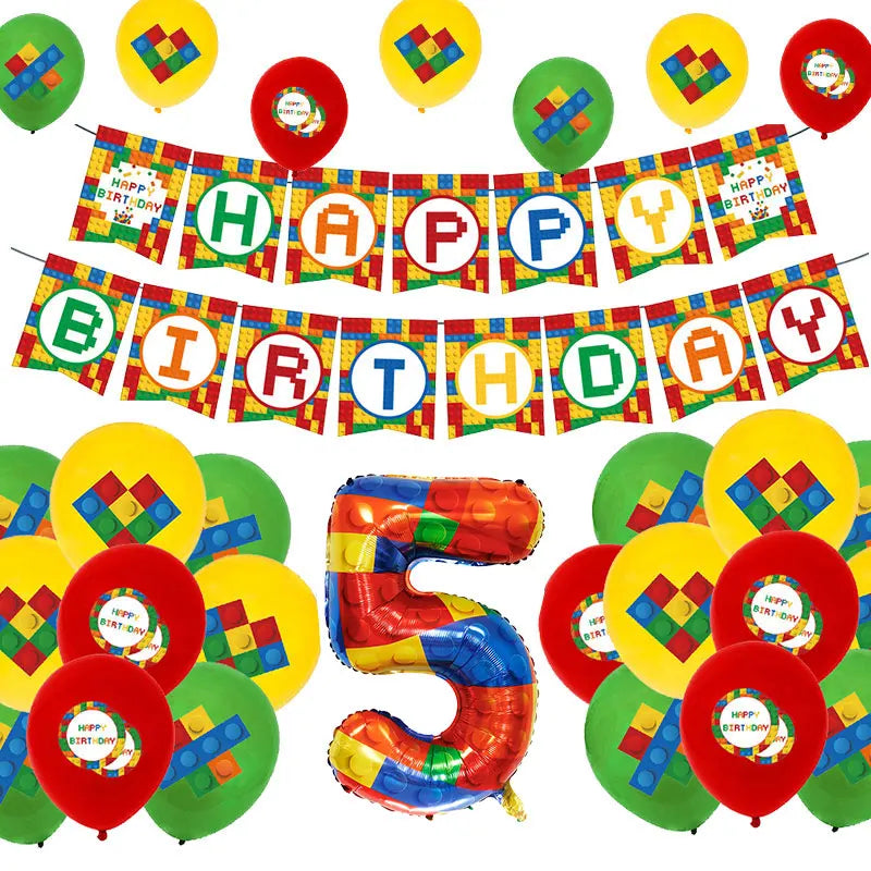 Kids Building Blocks Birthday Party Decoration Colorful Building Block Theme Party Supplies Kit Plates Cups Napkins Straw Ballon
