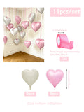 This 11-piece heart-shaped foil balloon set includes 18-inch pink and white heart-shaped balloons. Suitable for wedding parties