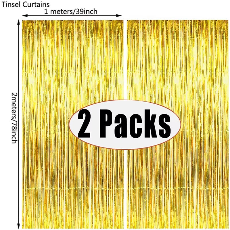2Pcs Party Backdrop Curtains Metallic Foil Tinsel Curtain Glitter Foil Fringe Curtain Birthday Wedding Party Decoration Supplies