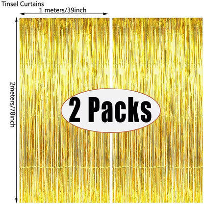 2Pcs Party Backdrop Curtains Metallic Foil Tinsel Curtain Glitter Foil Fringe Curtain Birthday Wedding Party Decoration Supplies