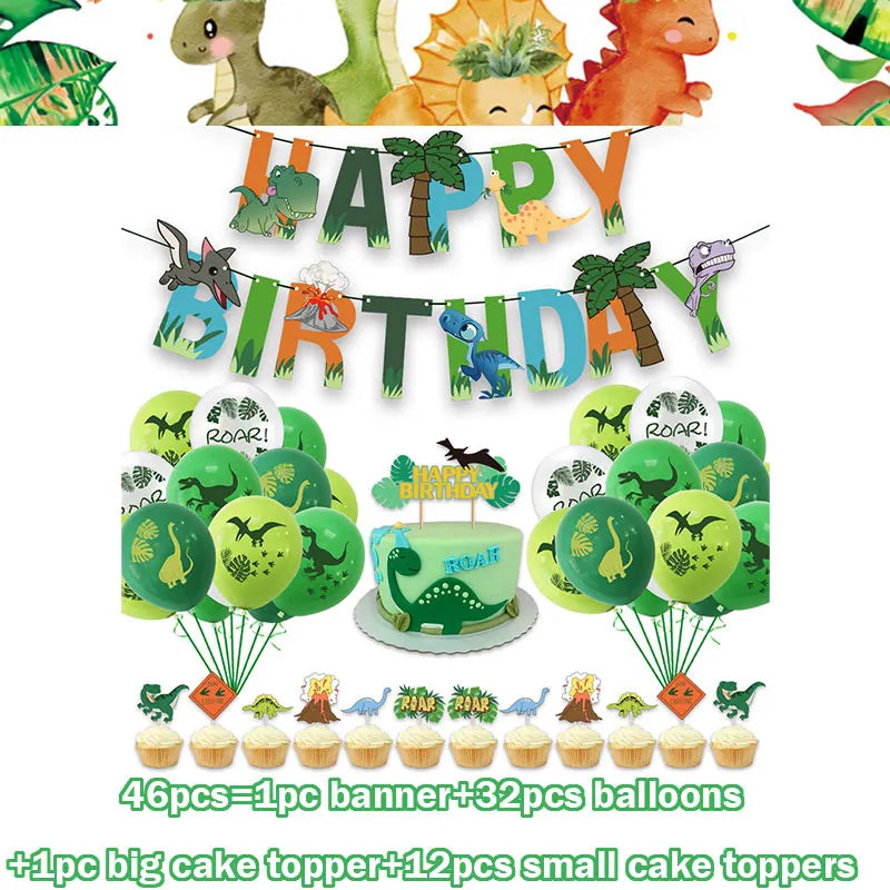 Dinosaur Birthday Decoration Party Supplies Set Cup Plate Tablecloth Dinosaur Balloons Happy Banner Cake Topper for Kids Favors