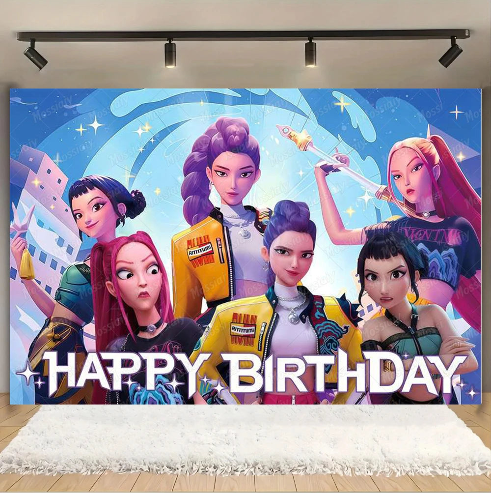 Kpop Theme Girl's Birthday Party Decoration Backdrop Pink Demons Kids Birthday Party Supplies Decor Banner Background Photo Prop