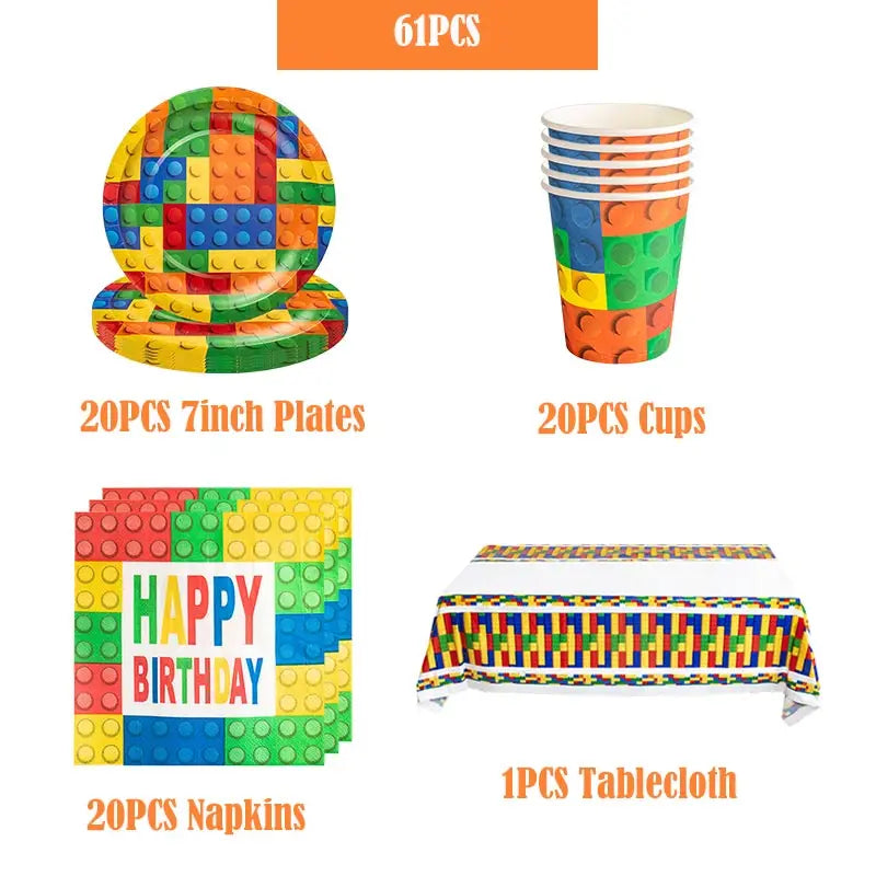 Kids Building Blocks Birthday Party Decoration Colorful Building Block Theme Party Supplies Kit Plates Cups Napkins Straw Ballon