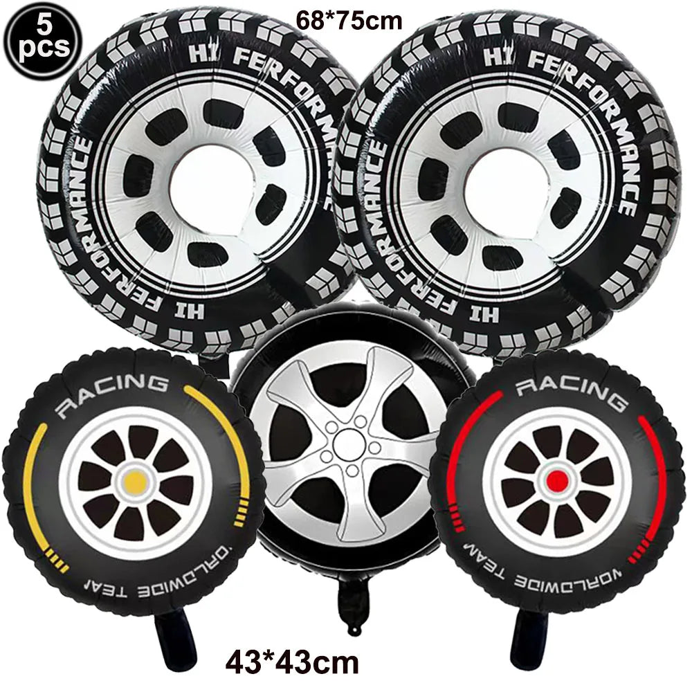 Racing Car Balloon Traffic Cone Balloon Tire Wheel Balloons Black White Checkered Race car Theme Kids Birthday party Decorations