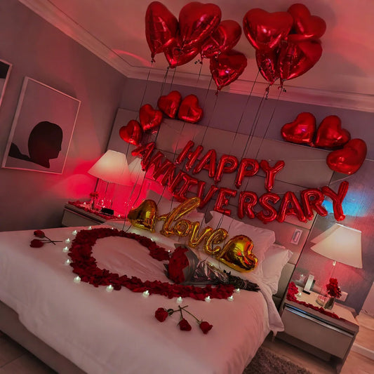 Happy Anniversary Decoration, Red Heart Balloon, Happy Anniversary Banner, Rose Petals, Wedding, Valentine's Day Romance