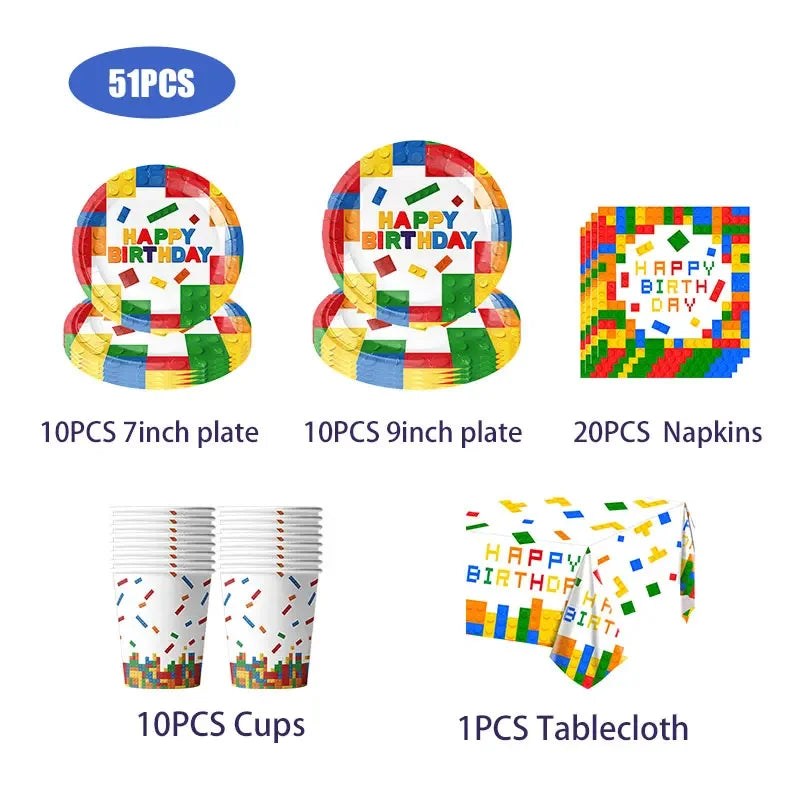 Kids Building Blocks Birthday Party Decoration Colorful Building Block Theme Party Supplies Kit Plates Cups Napkins Straw Ballon