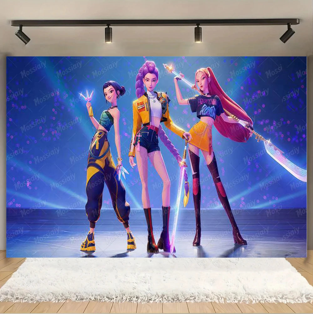 Kpop Theme Girl's Birthday Party Decoration Backdrop Pink Demons Kids Birthday Party Supplies Decor Banner Background Photo Prop