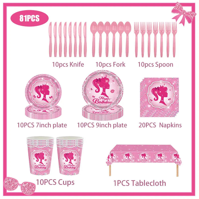 New Princess Birthday Party Decoration Tableware Pink Princess Theme Plates Cups Napkins Ballon Girl Birthday Party Supplies kit