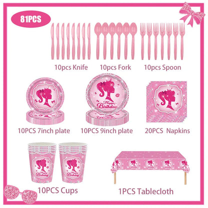 New Princess Birthday Party Decoration Tableware Pink Princess Theme Plates Cups Napkins Ballon Girl Birthday Party Supplies kit