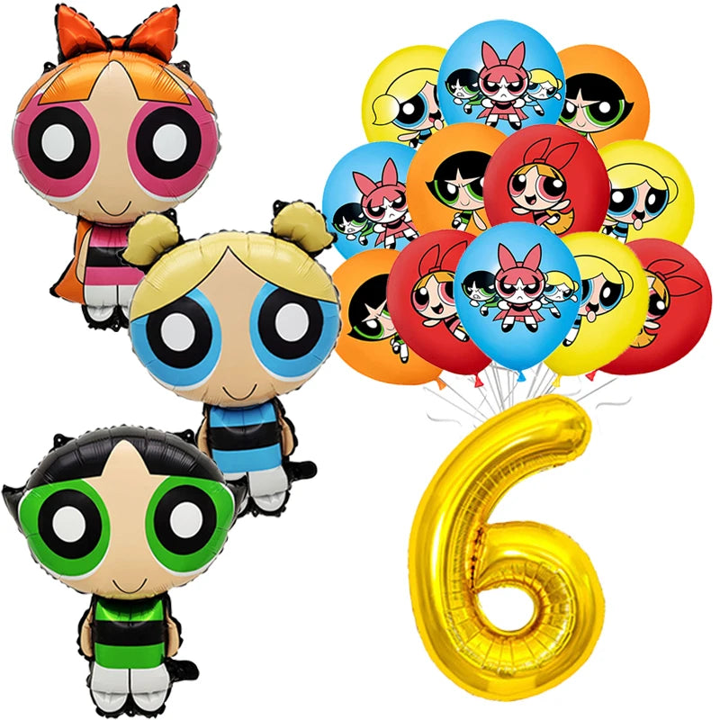 Cartoon Powerpuff Girls 1-9th Birthday Party Balloon Decoration Kit Number Foil Balloon Cake Topper Baby Shower Favors Globos