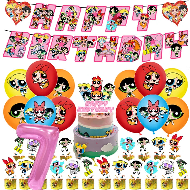 Cartoon Powerpuff Girls 1-9th Birthday Party Balloon Decoration Kit Number Foil Balloon Cake Topper Baby Shower Favors Globos