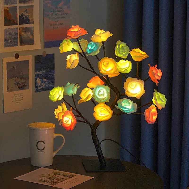 24 LED Red Rose Tree Lights Table Lamp Fairy Flower Night Light for Home Party Christmas Wedding Bedroom Decoration Gift