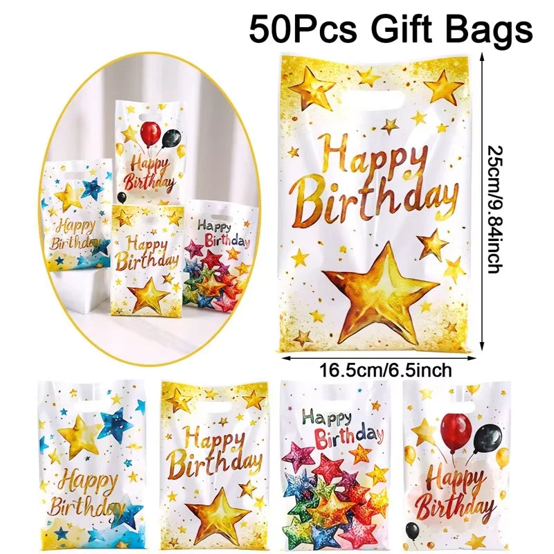 10/20/50pcs Happy Birthday Gift Bags Colorful Balloon Pattern Plastic Tote Bags for Adults Happy Birthday Party Decoration
